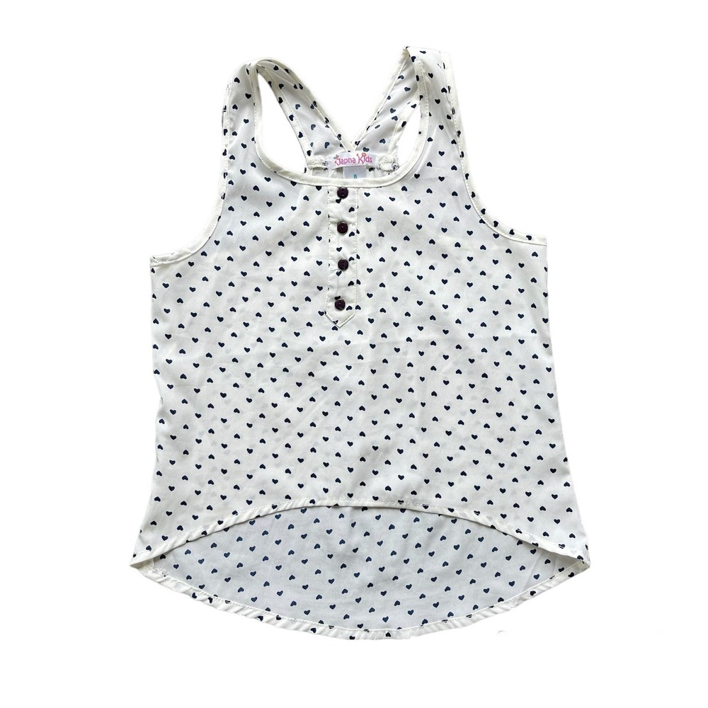 Girls 8 Japna Kids Ivory Sleeveless Blouse Navy Blue Hearts Pleated Buttons Top